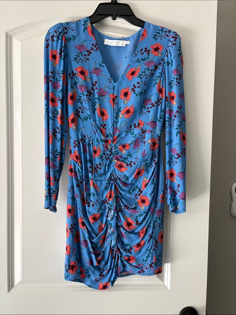 Astr Blue Floral Ruched V-Neck Long-Sleeve Dress